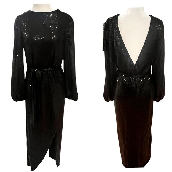 NWT Ieena for‎ Mac Duggal women's sequin belted midi dress black size xs/2 - Picture 1 of 12